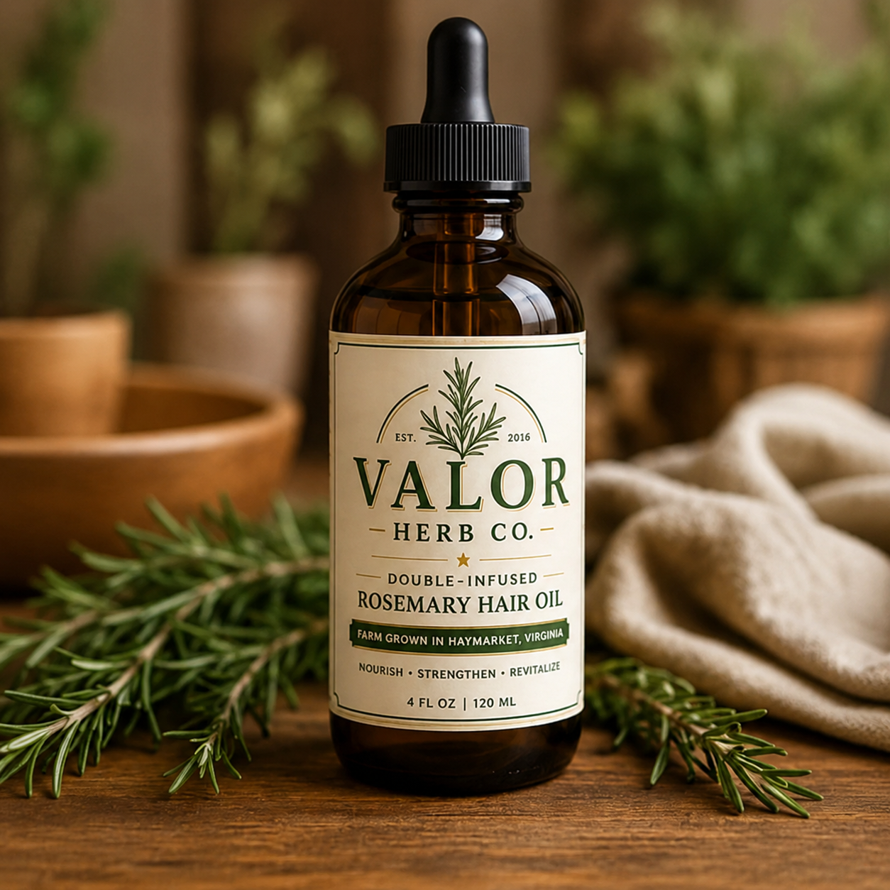 Bottle of Valor Herb Co. rosemary hair oil with a dropper on a wooden surface with plants in the background.